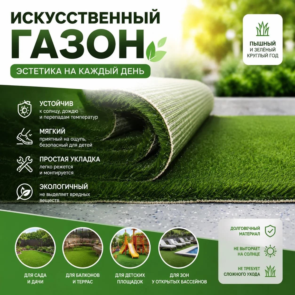 Искусственная трава-30мм зеленая